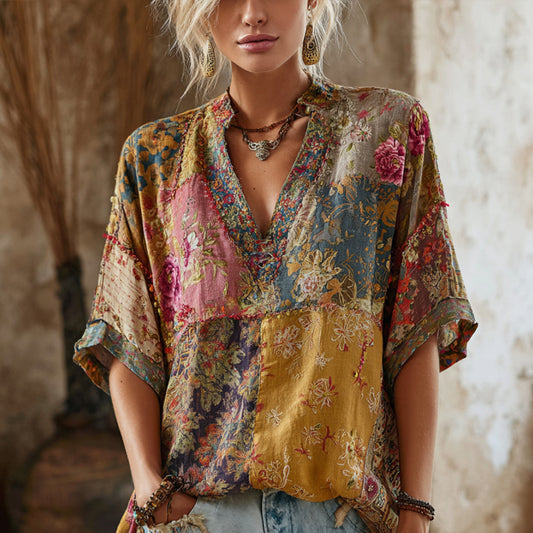 Bohemian Floral Pattern Embroidery Vintage Patchwork V-neck Short-sleeved Shirt artswardrobe