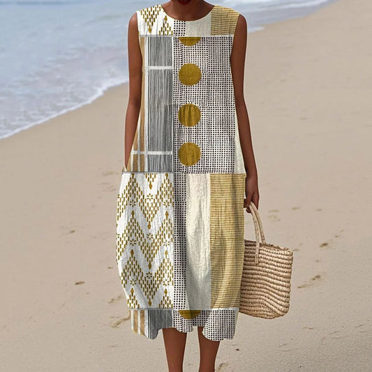 Vintage Loose Abstract Geometry Art Sleeveless Cotton And Linen Tank Dress artswardrobe