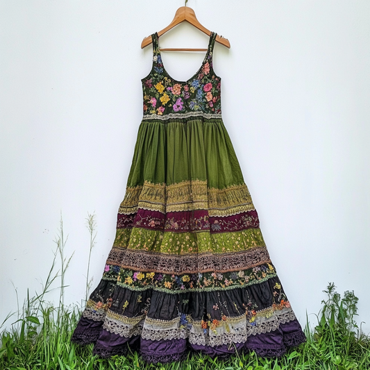 Women's Vintage Bohemian Floral Patch Comfort Dress artswardrobe