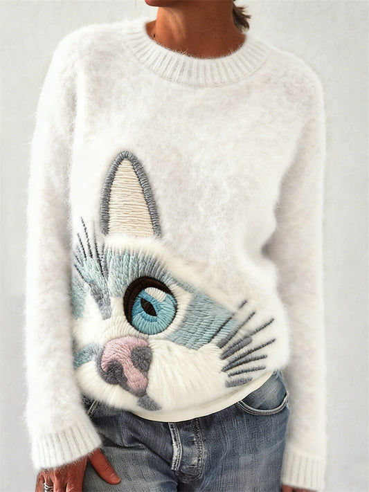Comstylish Lovely Cat Face Embroidered Cozy Knit Sweater