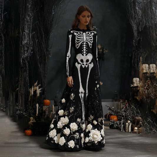 Comstylish Women's Halloween Skeleton Bones Rose Velvet Maxi Dress