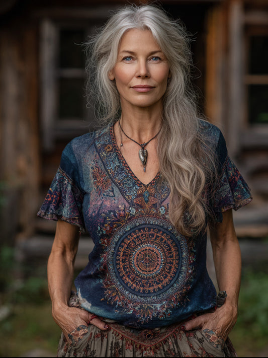 Forest Flower Short-sleeved V-neck Top artswardrobe