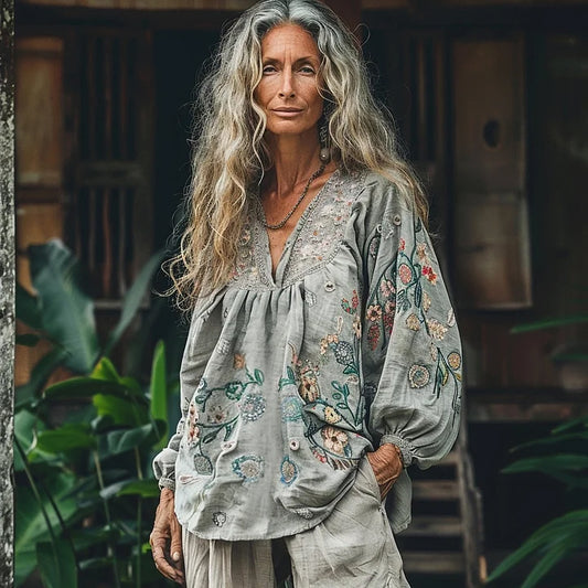 Comstylish Bohemian Floral Linen Art Print Long Sleeve V-neck Shirt
