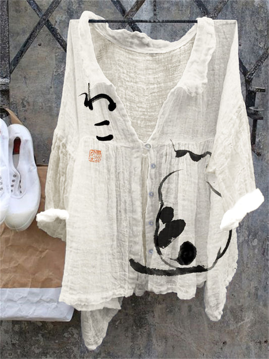 Comstylish Japanese Art Cat Print Linen Loose Shirt