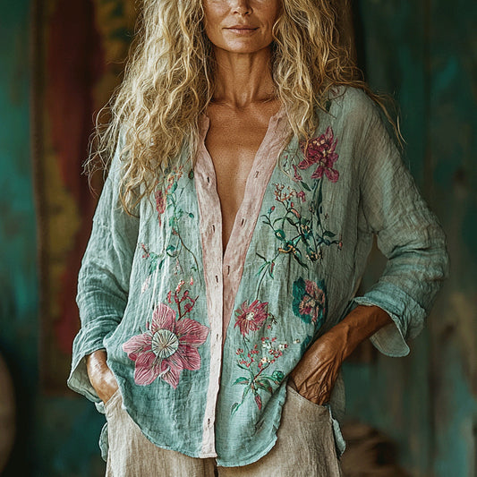 Bohemian Style Linen Floral Print  Long Sleeve Shirt artswardrobe