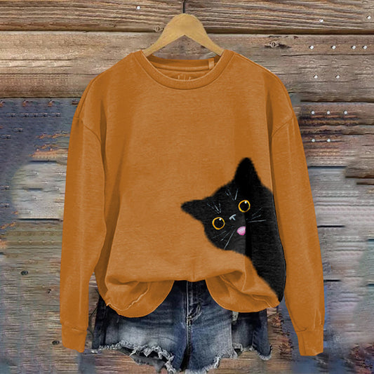 Women's Halloween Trick Or Treat Cute Black Cat Cozy Sweatshirt elevenforest
