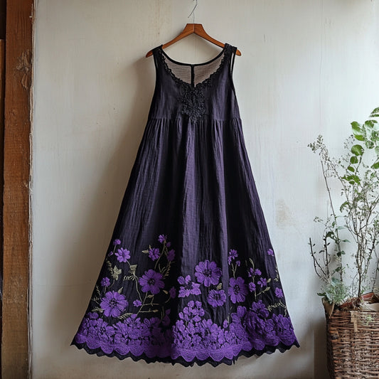 Vintage Bohemian Floral Embroidery Art Linen Sleeveless Maxi Dress artswardrobe
