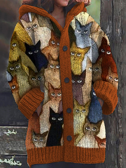 Comstylish Colorful Cats Pattern Cozy Hooded Cardigan