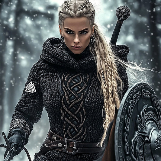 Women's Viking Warrior Jacquard Celtic Knit Hoodie artswardrobe