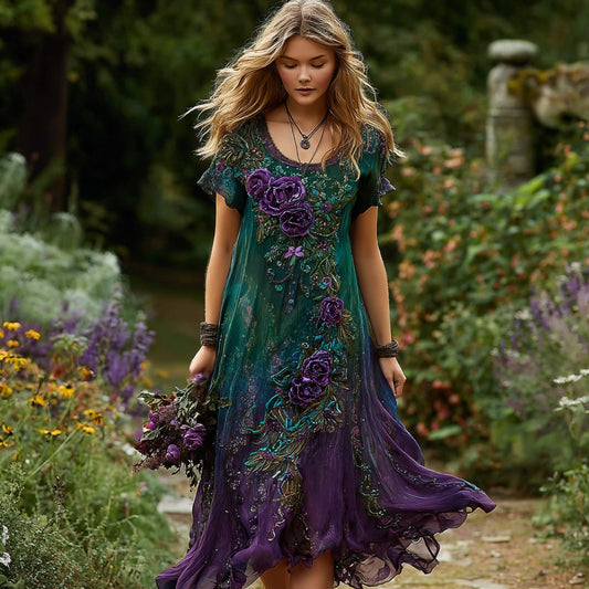 Women's Vintage Rose Floral Short Sleeve Midi Dress artswardrobe