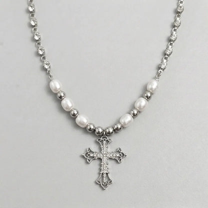 Ornate Cross Pearl Rhinestone Necklace