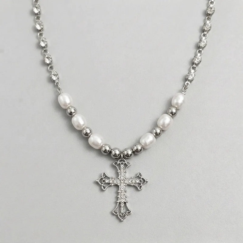Ornate Cross Pearl Rhinestone Necklace