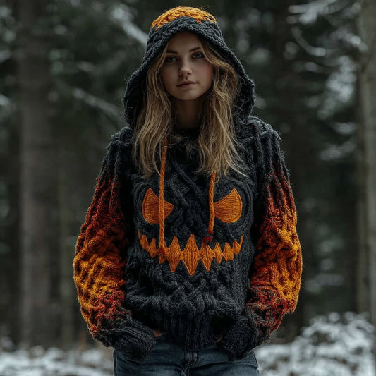 Women's Halloween Spooky Pumpkin Art Gradient Vintage Cozy Knit Hooded Sweater artswardrobe