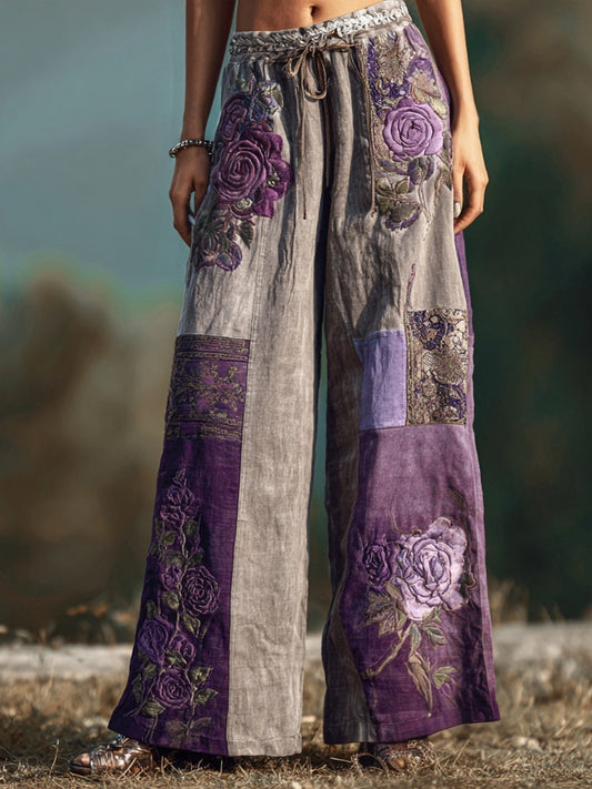 Purple Roses Embroidered Patchwork Comfy Linen Pants artswardrobe