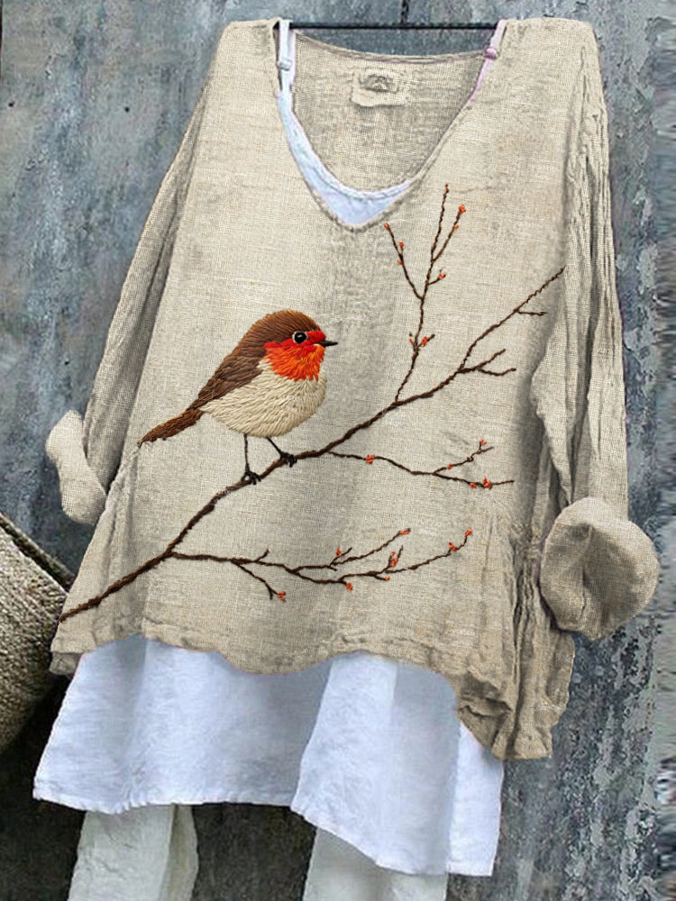 Women's Bird And Branch Embroidered Linen Blend Shirt artswardrobe