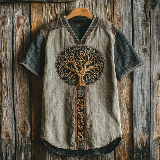 Men's Viking Tribal Life Of Tree Celtic Art Linen V-neck T Shirt artswardrobe