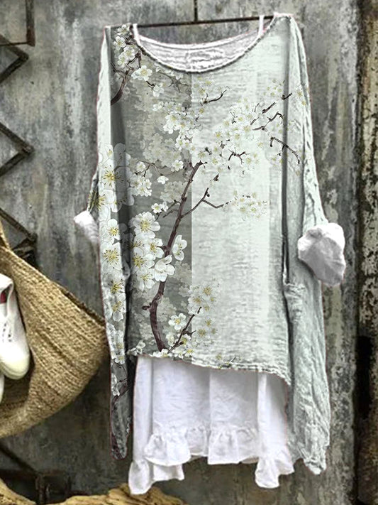 Comstylish Japanese Art Flower Pattern Linen Blend Shirt