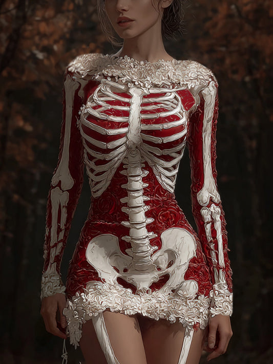 Comstylish Women's Halloween Skeleton Floral Embroidered Dress