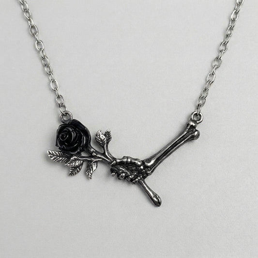 Bone Hand Cursed Rose Necklace