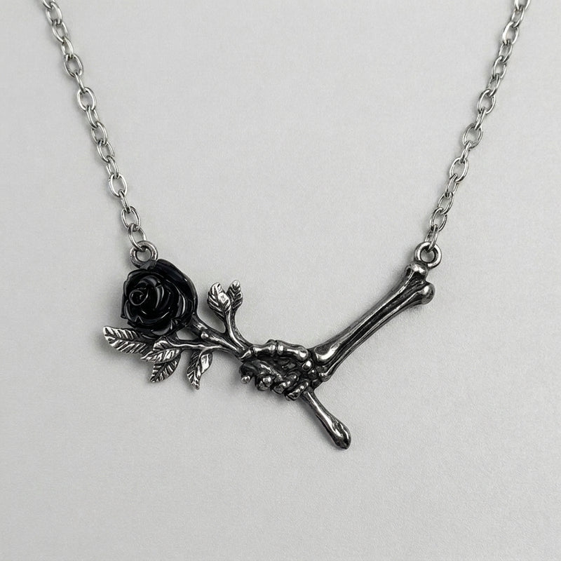 Bone Hand Cursed Rose Necklace
