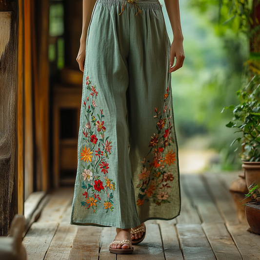 Retro Boho Floral Embroidery Art Linen Wide Leg Pants artswardrobe
