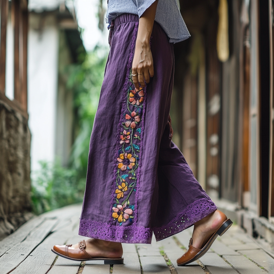 Retro Boho Floral Embroidery Lace Art Cotton Linen Wide Leg Pants artswardrobe