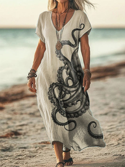 Women's Octopus Art Print Linen Blend Vintage Dress artswardrobe