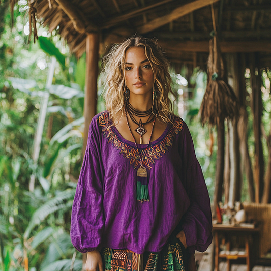 Comstylish Retro Bohemian Resort Art Embroidery Print Cotton And Linen Blend Loose Blouse