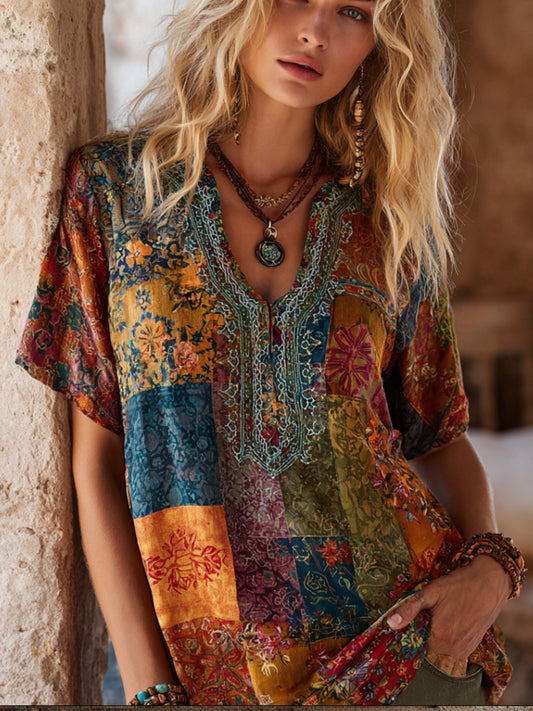 Bohemian-style Rhapsody Patchwork Vintage Print V-neck Short-sleeved Shirt artswardrobe