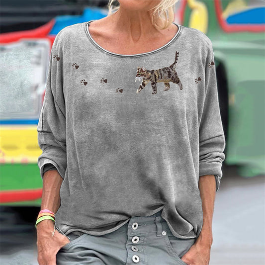 Cat & Paw Prints Yoke Embroidered Washed T Shirt elevenforest
