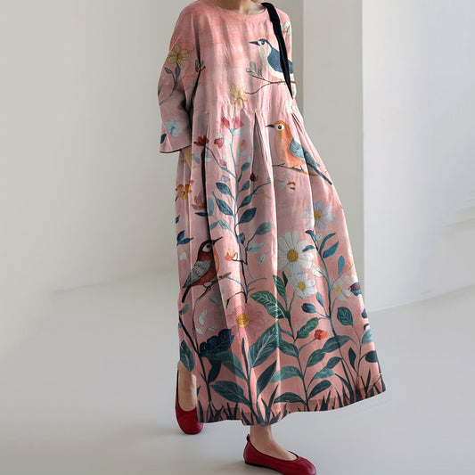Comstylish Japanese Flower And Bird Art Print Loose Midi Dress