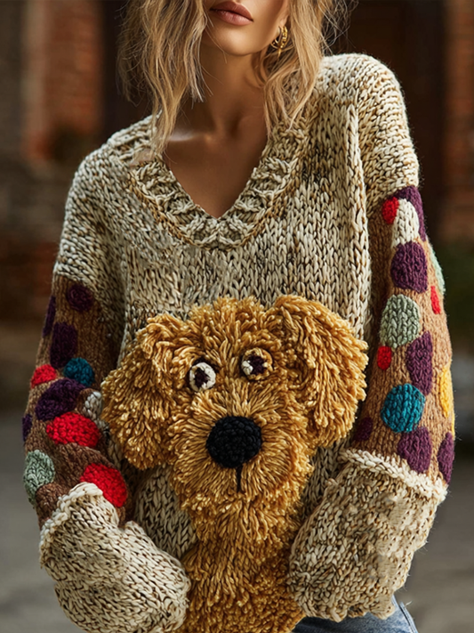 Lady Retro Cute Dog Plush Comfortable Knitted Sweater. elevenforest