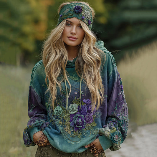 Women's Vintage Purple Lavender Patchwork And Floral Embroidered Art Gradient Comfort Hoodie artswardrobe