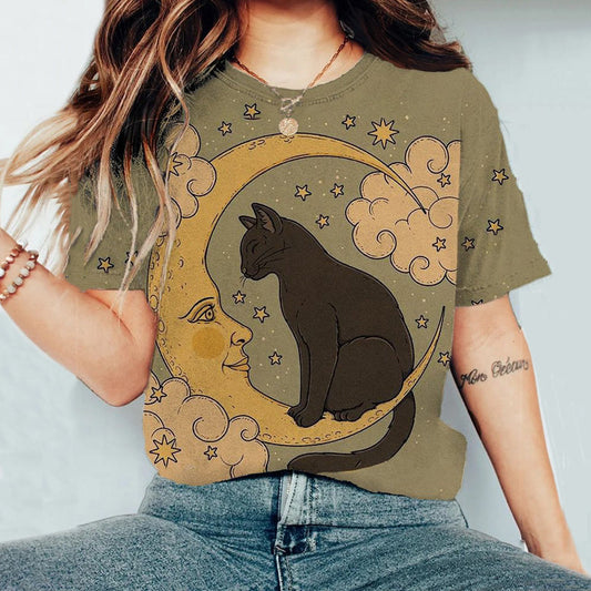 Vintage New Moon Black Cat Clouds Stars Art Print Ombre Japanese Art Round Neck Short Sleeve T-Shirt elevenforest