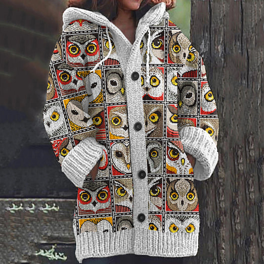 Block Owl Print Women's Cardigan Sweater artswardrobe