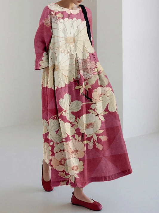 Comstylish Vintage Japanese Floral Embroidered Linen Blend Maxi Dress
