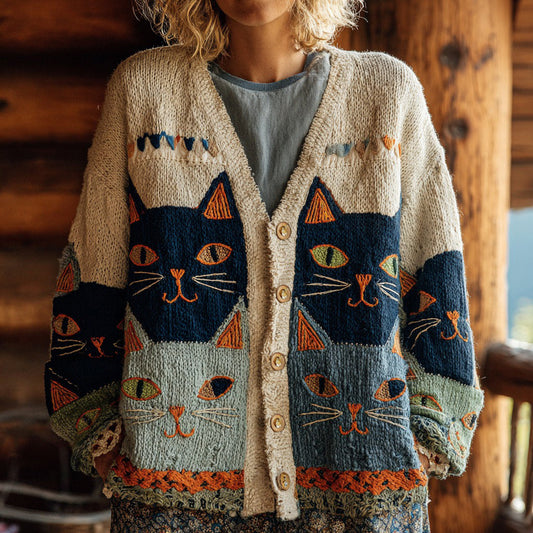 Women's Fun Knitted Cat Pattern Comfortable Warm Cardigan Sweater elevenforest