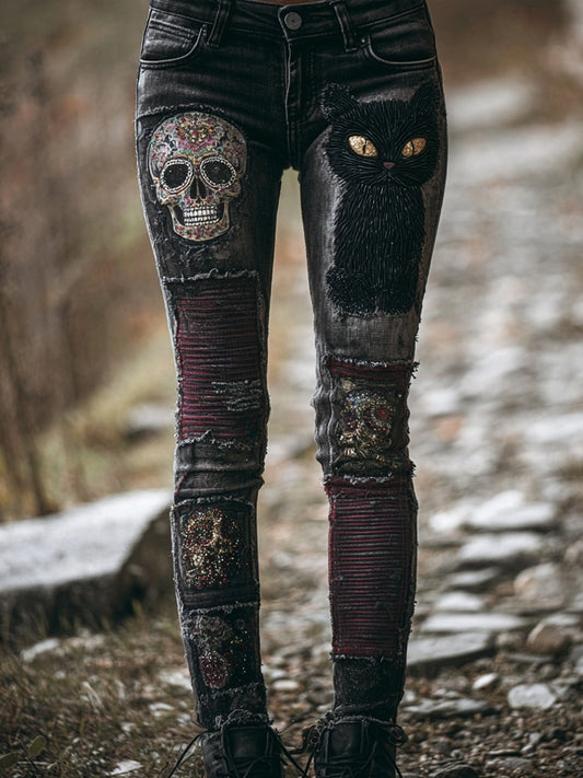 Comstylish Retro Skull & Cat Embroidered Patchwork Skinny Jeans