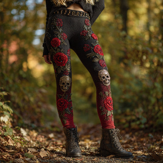 Women's Vintage Skull And Rose Pattern Comfortable Leggings elevenforest