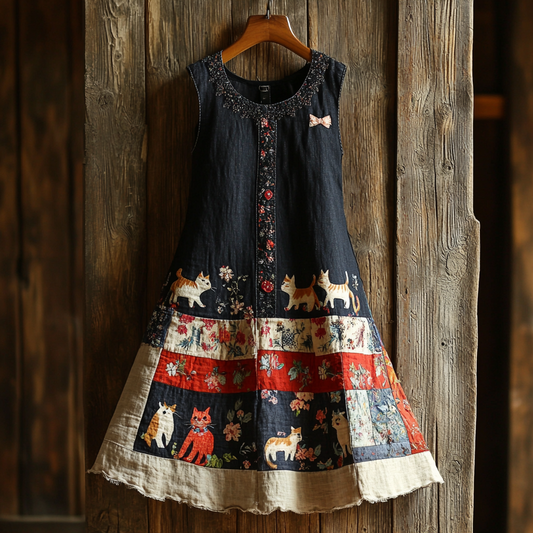 Comstylish Casual Pop Art Cat Denim Splicing Cotton Linen Dress
