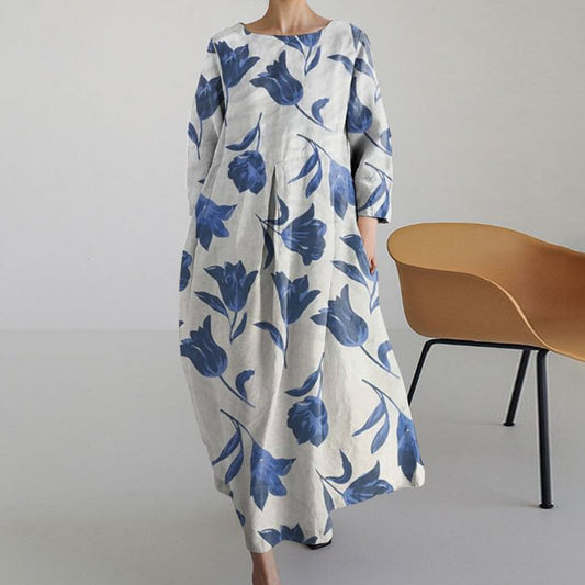 Comstylish Vintage Floral Print Long Sleeve Loose Dress