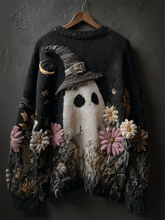 Halloween Lovely Witch Hat Ghost Floral Cozy Knit Sweater artswardrobe