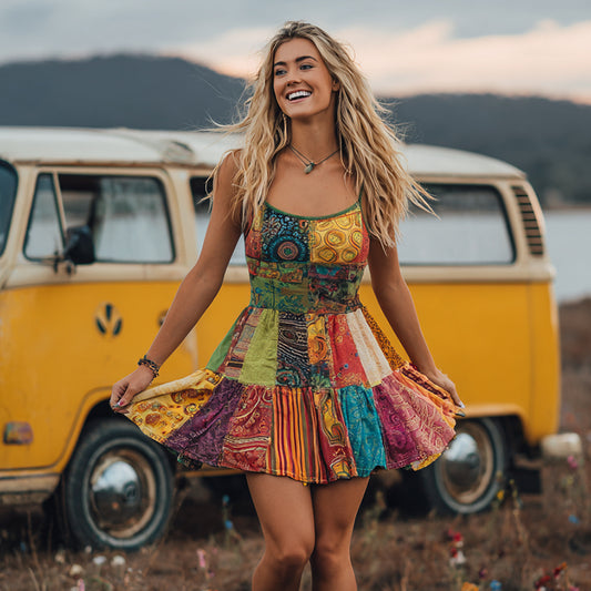 Countryside Style Collection Classy Patchwork Floral Pattern Art Linen Sleeveless Dress