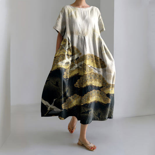 Comstylish Japanese Flying Crane & Pine Tree Art Linen Blend Maxi Dress