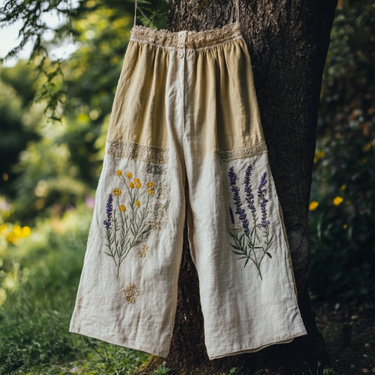 Women's Floral Lace Linen Comfort Casual Pants artswardrobe