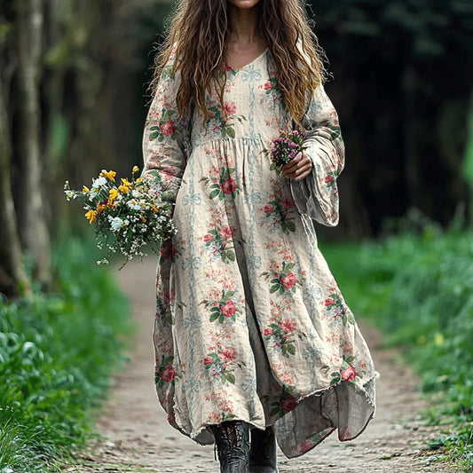 Vintage Floral Print Linen Blend Midi Dress artswardrobe