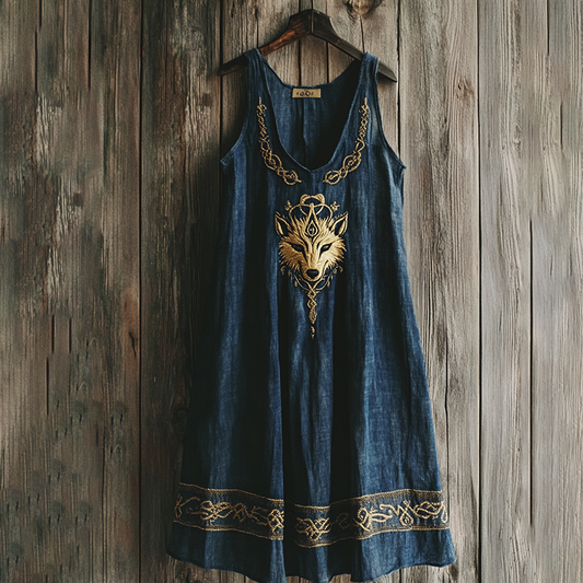 Viking Wolf Pattern V-neck Tank Midi Dress artswardrobe