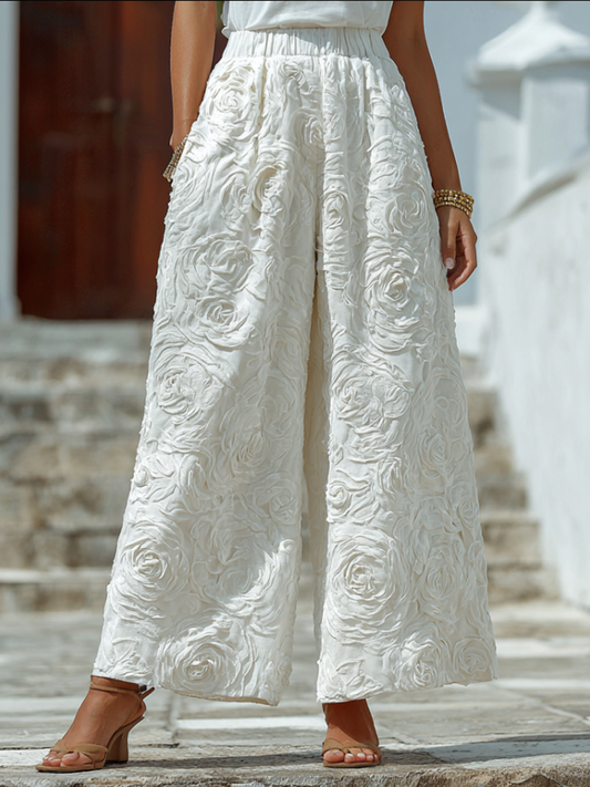 Bohemian Style Three-dimensional Rose Embroidery Pattern Women's Cotton And Linen Loose Wide-leg Long Pants artswardrobe