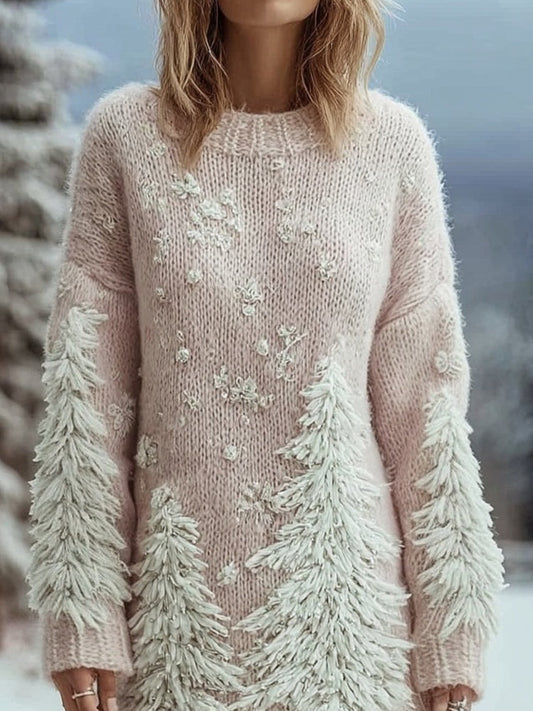 Elegant Christmas Trees Embroidered Cozy Sweater Mini Dress artswardrobe