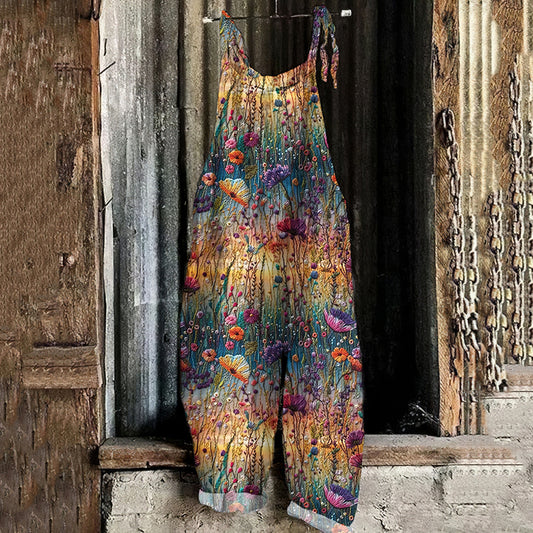 Women's Vintage Gradient Flowers Embroidered Linen Jumpsuit artswardrobe